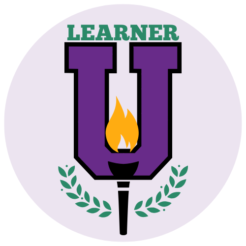 Learner U Logo Company logo a large letter U with a torch in front of it. The word learner appears above the U.