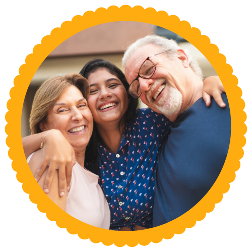 Supporters Young college student with their arms around two older family members.